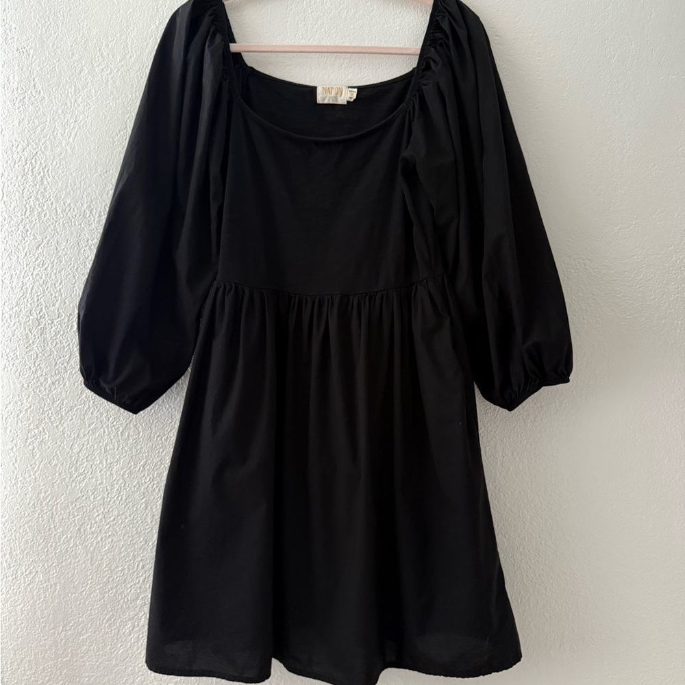 Nation LTD Heddie Combo Babydoll puff 3/4 sleeves Dress Size M In Jet Black - Picture 4 of 14